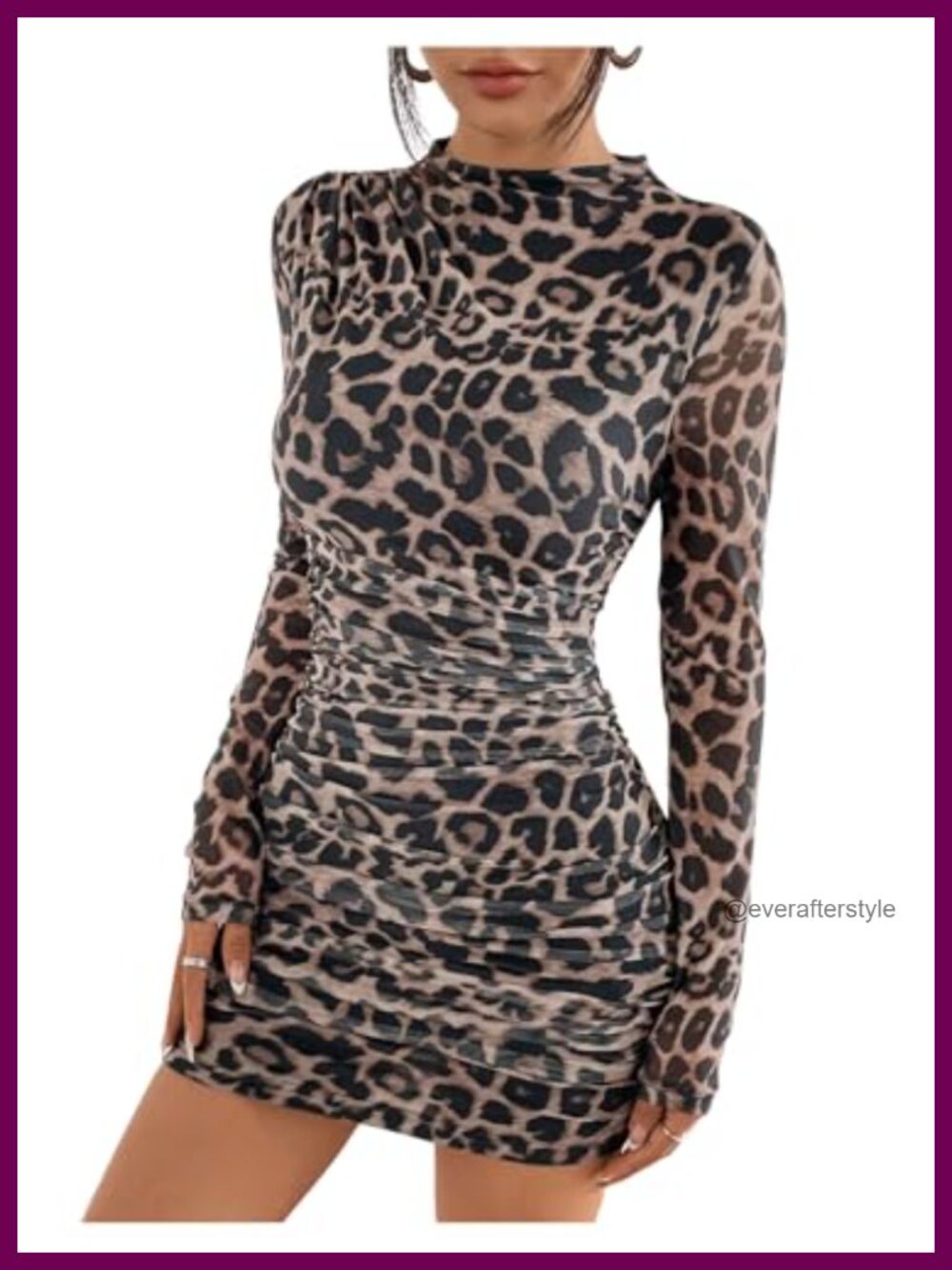 WDIRARA Leopard Print Ruched Bodycon Mini Dress Long Sleeve Mock Neck